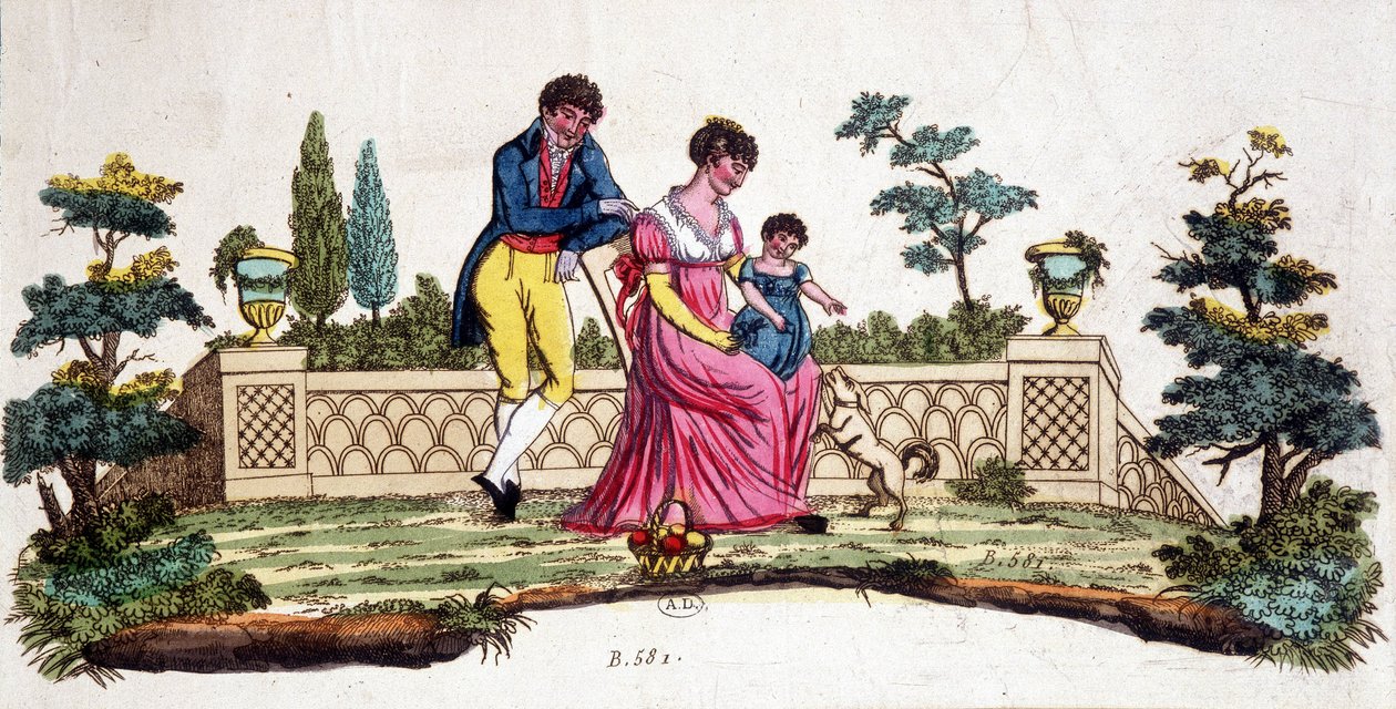 Familj i en park. Gravyr från början av 1800-talet. av Unknown artist