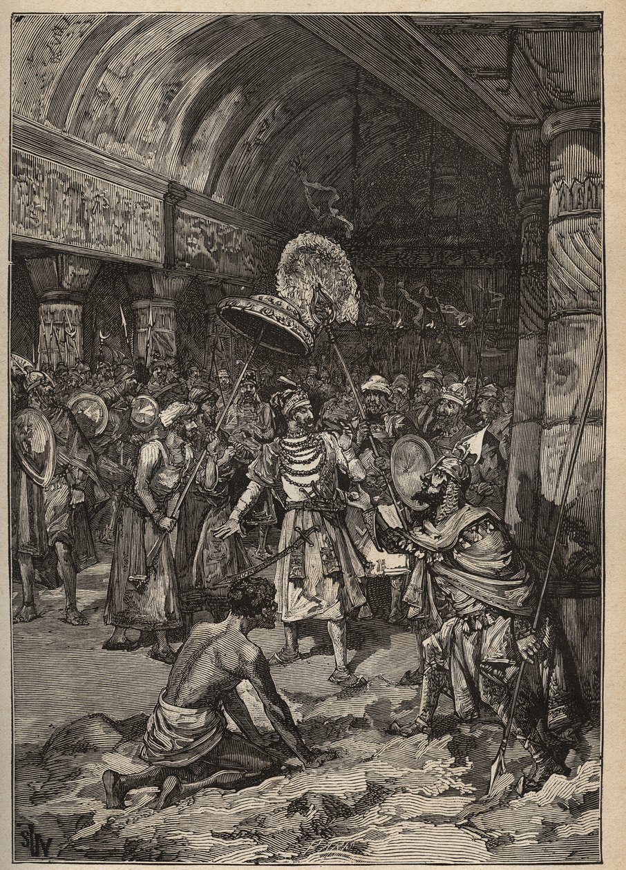 Kända diamanter: Lahores maharajah, Ranjit Singh (1780-1839), tar över Koh-i Nor-diamanten (Koh i Nor, Kuh-e Nur, Kuh e Nur, Koh-i-noor, Koh i Noor). Gravyr från 1885 i "" Les arts et metiers illustres"" av Adolphe BITARD. av Unknown artist