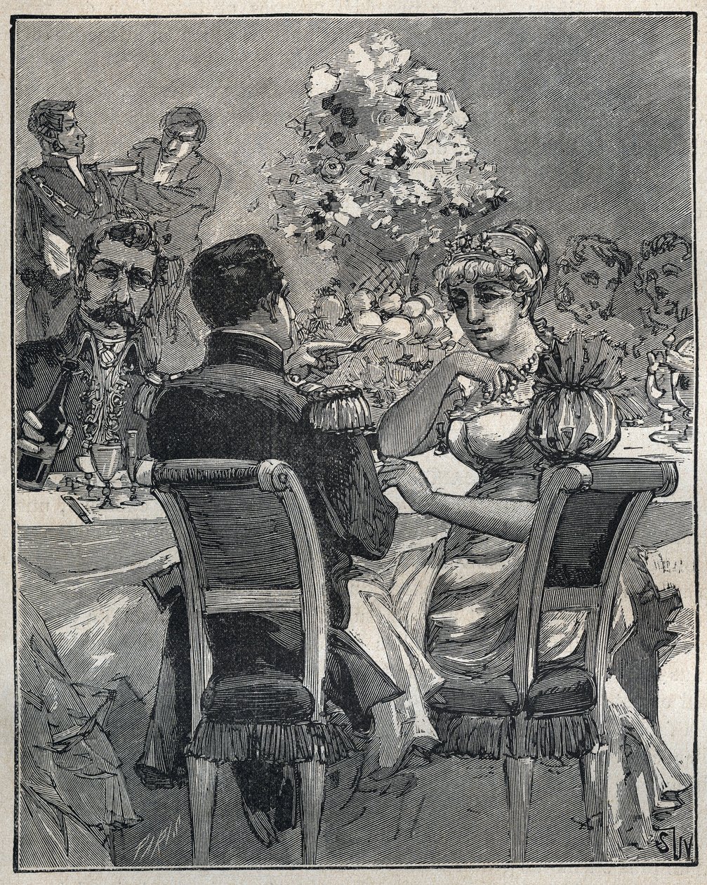 Kända halsband: Josephines pärlhalsband. Konsul Napoleon Bonaparte frågar efter ursprunget till pärlhalsbandet på halsen på hans fru, Josephine de Beauharnais (Marie Josephe Rose de Tascher de La Pagerie av Unknown artist
