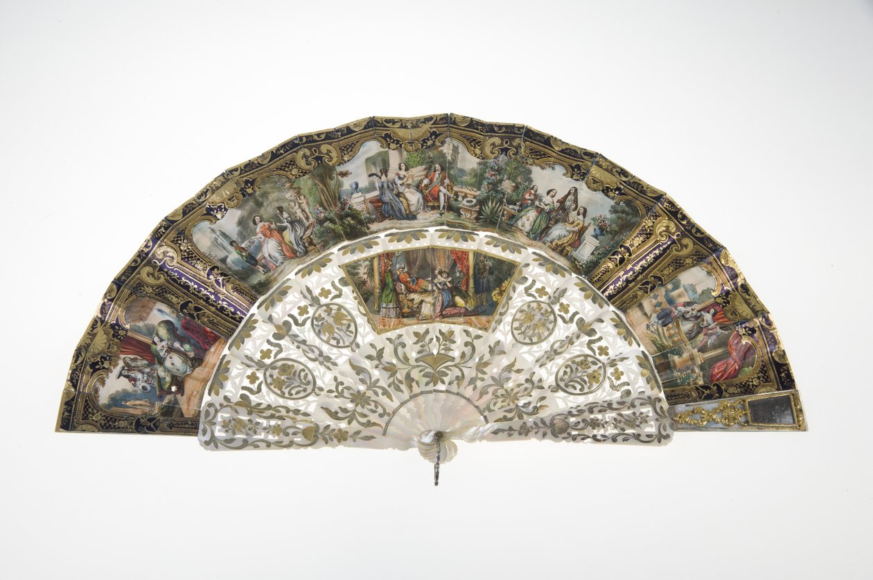 Fläkt, c.1860, Tryckt och målat papper, pärlemor, guld, silver och kopparmetaller och spegel, Tillverkare okänd av Unknown artist