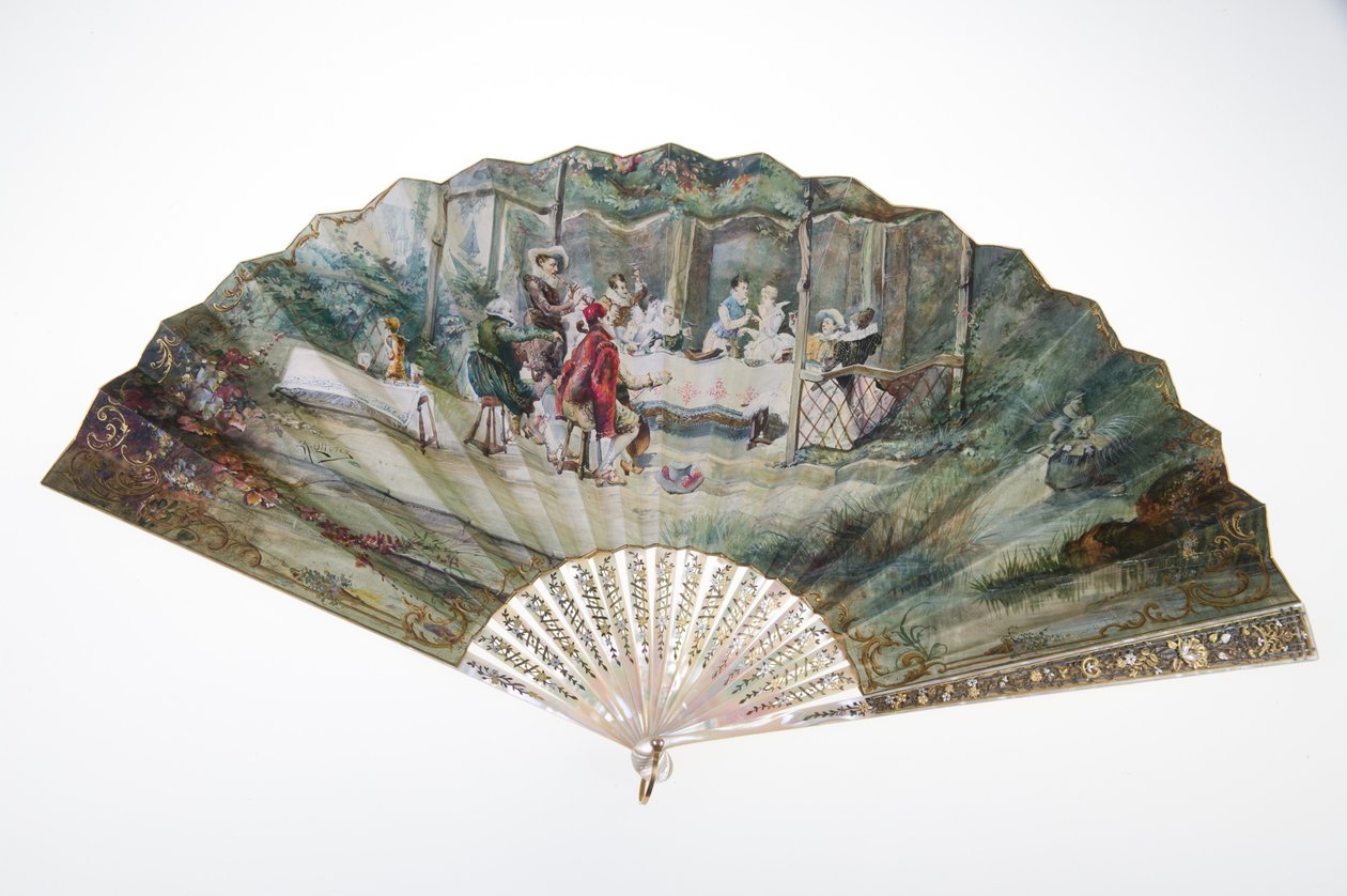 Fläkt, c.1870, Tryckt och målat papper, pärlemor, guld, silver och kopparmetaller, och spegel, Tillverkare okänd av Unknown artist