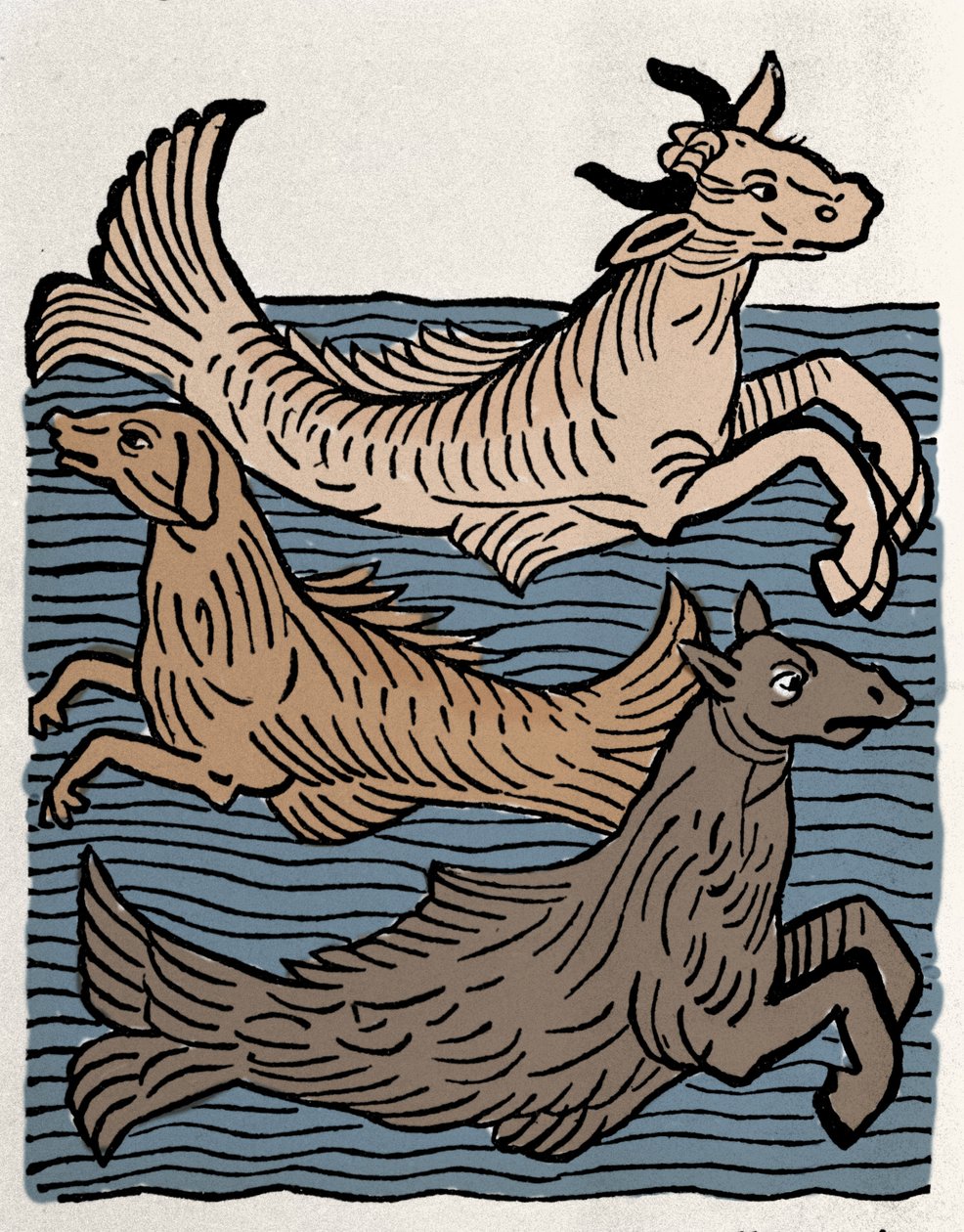 Fantastiska varelser: representation av en ko, hund och sjöhäst. Gravyr från "Hortus sanitatis"" av Unknown artist