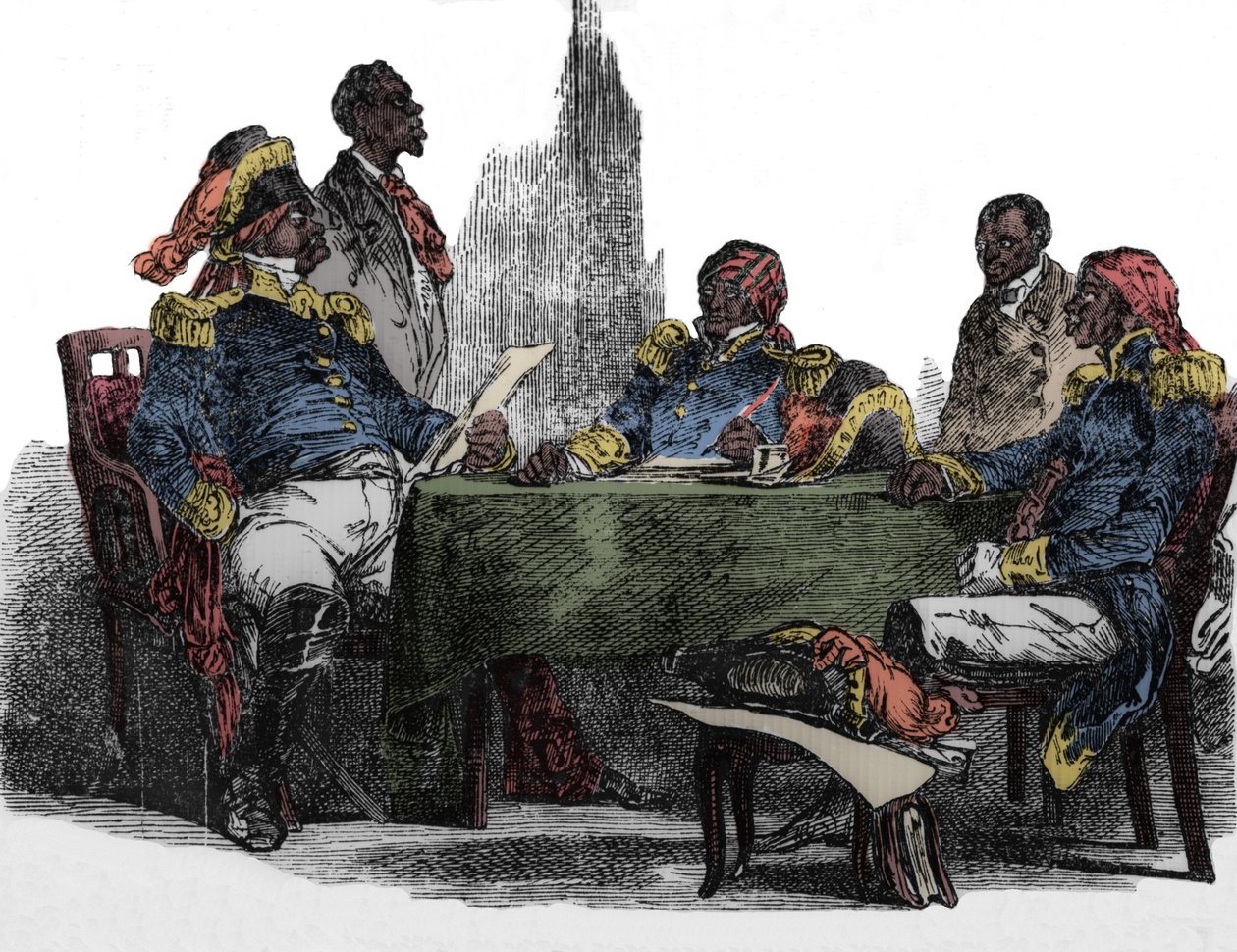Faustin Soulouque (1782-1867) dit Faustin I, kejsare av Haiti från 1847 till 1859, representerad vid ett möte Gravyr från "Emporio picturesco" 1850 av Unknown artist