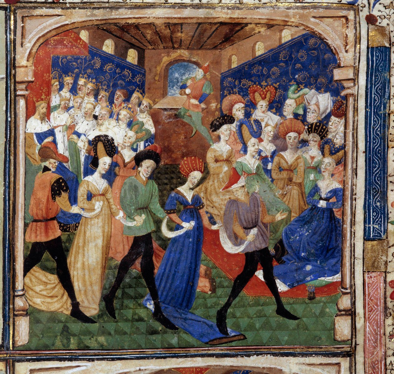 Festen vid kung Arthurs hov Drottning Genievre är omgiven av 12 kungar. Miniatyr från manuskriptet "The novel of the Quete of the Grail"" 1450-1460 Dijon. Kommunbiblioteket av Unknown artist