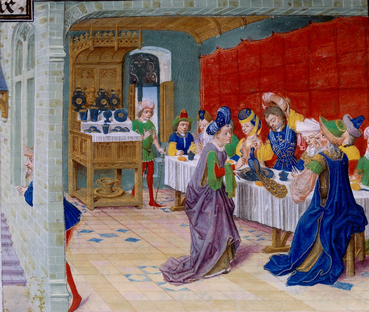 Festmåltider, en påfågel serveras på bordet. Miniatyr hämtad från "La Vraye Histoire du Bon Roy Alixandre"" av Callisthenes, eller Kallisthenes (ca 360-328 f.Kr.) av Unknown artist