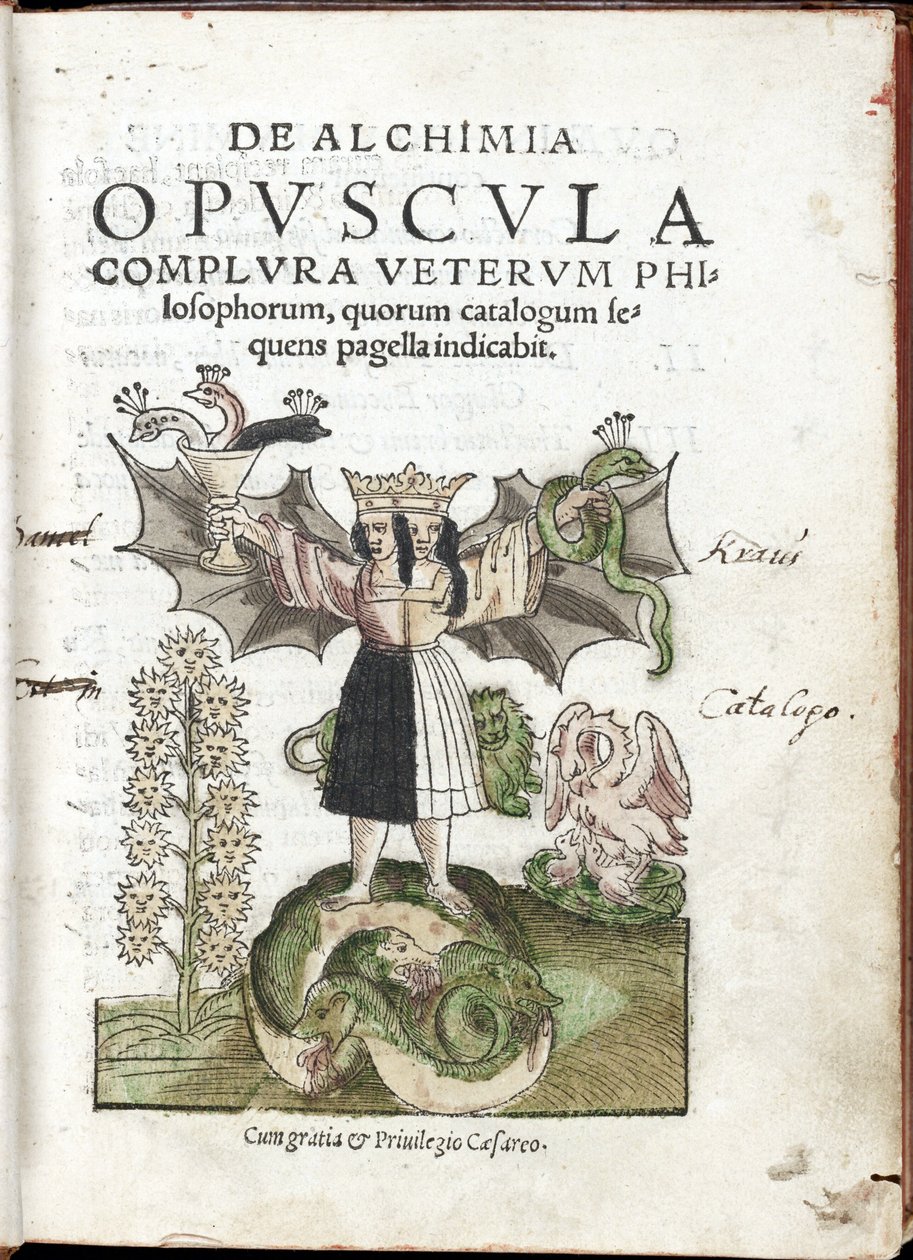 Krönt kvinna, med dubbelt ansikte, stående på ett monstruöst djur som viftar med en bägare och en orm - Frontispice av samlingen De Alchimia opvscvla complvra vetervm philosophorum (Alkemins arbete enligt de antika filosoferna) av Cyriacus Jacob (akt av Unknown artist