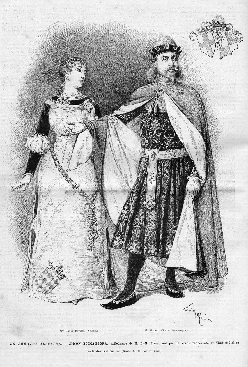Fides Devries i rollen som Amelia och Victor Maurel (1848 -1923) i Simon Boccanegras eponymopera i tre akter av Giuseppe Verdi, ett libretto av Francesco Maria Piave efter ett stycke av Antonio Garcia Gutierrez, en representant på Itali av Unknown artist