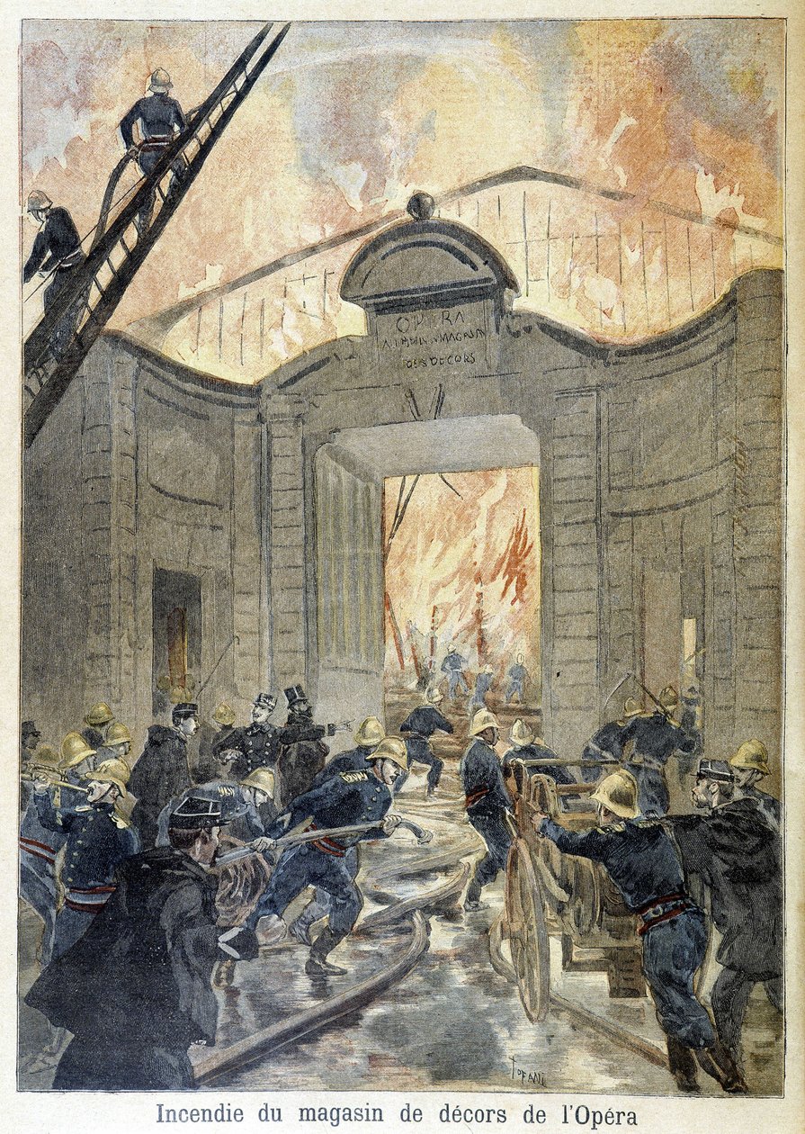 Brandkårsingripande under branden av operans inredningsbutik. illustration av "Petity Journal" 1894. av Unknown artist
