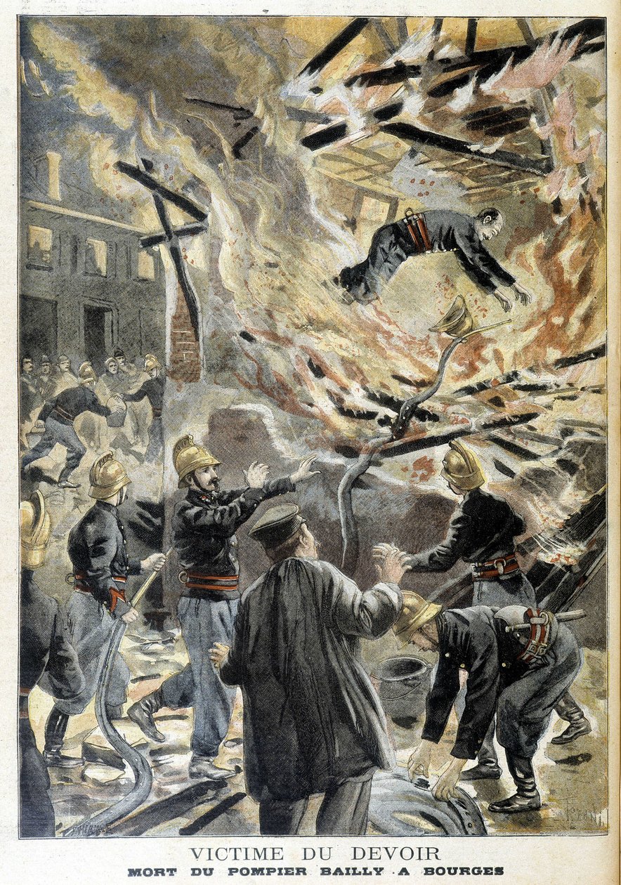 Brandmannen Bailly dog i Bourges i en brand under ett ingripande. Illustration av "Little Journal" från 1898. av Unknown artist