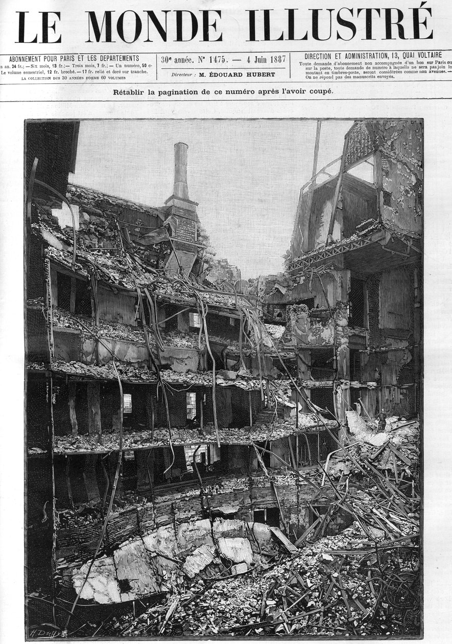 Fire of the Opera Comique (Opera-Comique) i Paris den 25 maj 1887 under framförandet av Ambroise Thomas första akt av "Mignon". De inre ruinerna. Loger och gallerier sett från frontscenen, sidoträdgården. Gravyr i "" Le monde illustrious"" av Unknown artist
