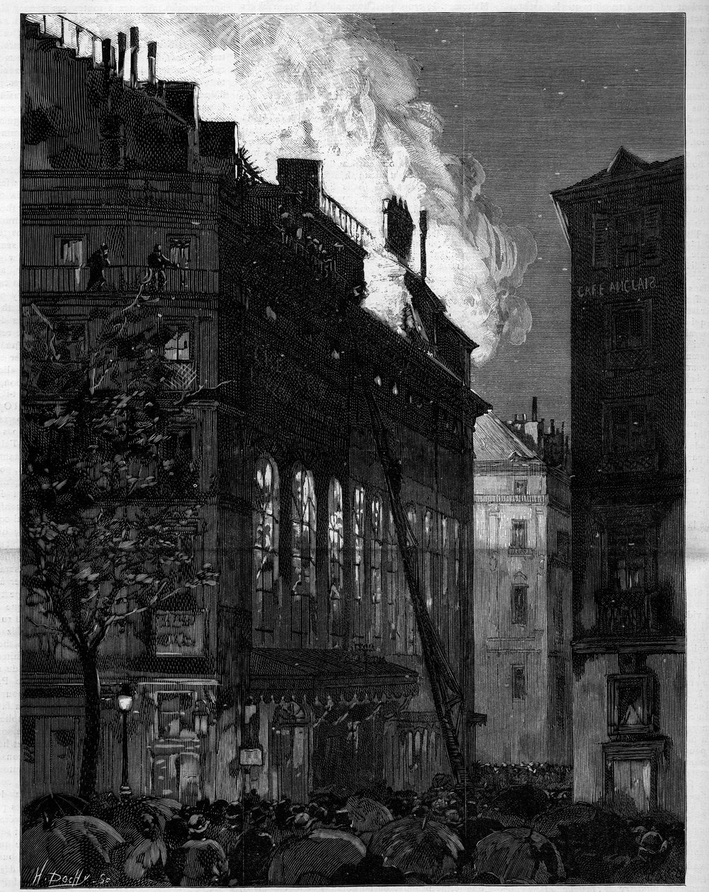 Fire of the Opera Comique (Opera-Comique) i Paris sett från Rue Marivaux och Boulevard des Italians den 26 maj 1887. Gravyr i "" Le monde illustrious"" av Unknown artist