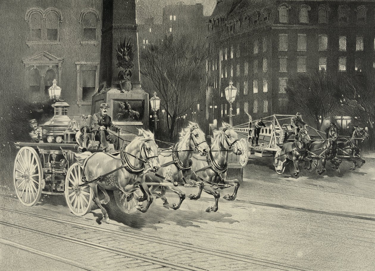 Brandfordon rycker av hästar som anländer till brandplatsen. USA. 1895 av Unknown artist