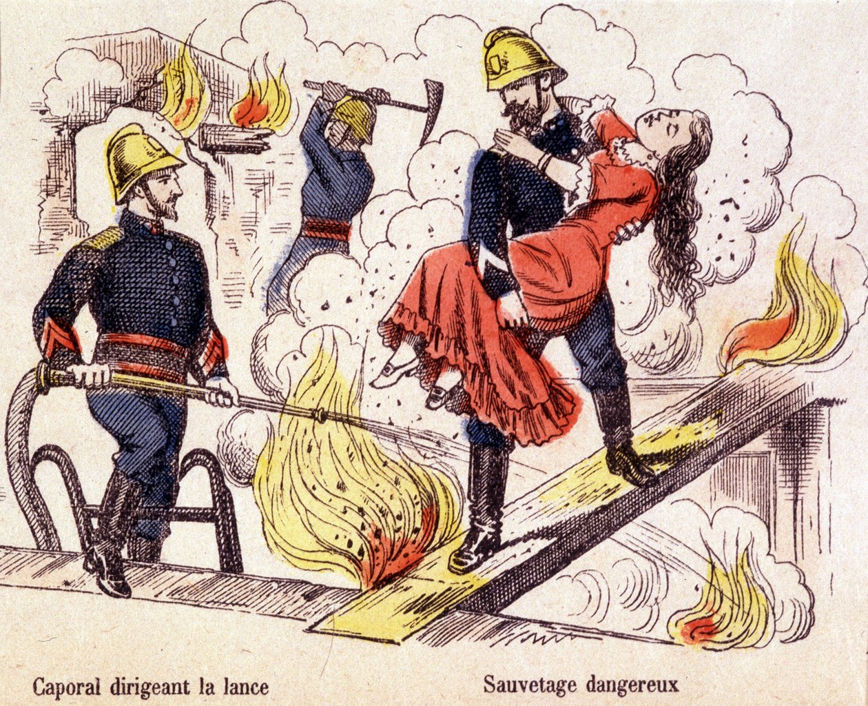 Brandman räddar en ung kvinna från lågorna från en brand. av Unknown artist