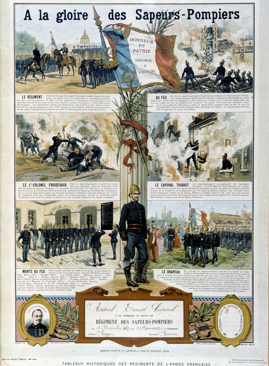 Brandmän: Till Sapeurs ära - i "" Historiska målningar av den franska arméns regementen"" cirka 1890 av Unknown artist