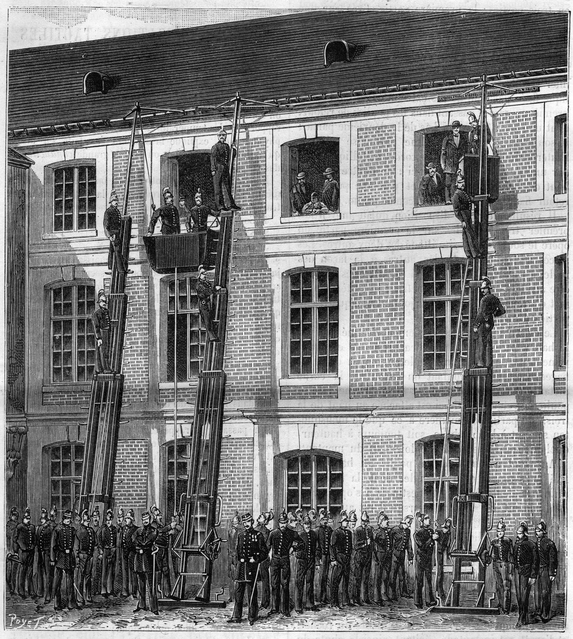 Brandmän ombord på den nya räddningsliften för brandexperiment i Rouen i den gamla normalskolan. Gravyr i "" La Nature"" av Unknown artist