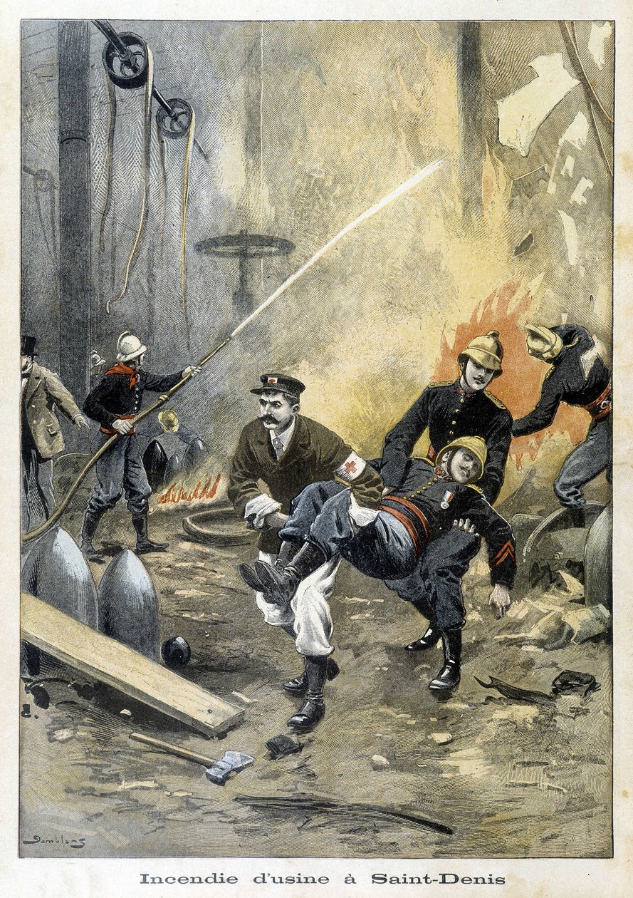 Brandmän ingriper under en brand vid Usine i Saint Denis. Illustration av "Petity Journal" från 1899. av Unknown artist