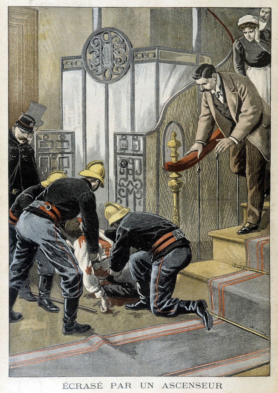 Brandmän som räddar en man kraschar vid en hiss i en byggnad i Paris. Illustration av "Little Journal" från 1899. av Unknown artist