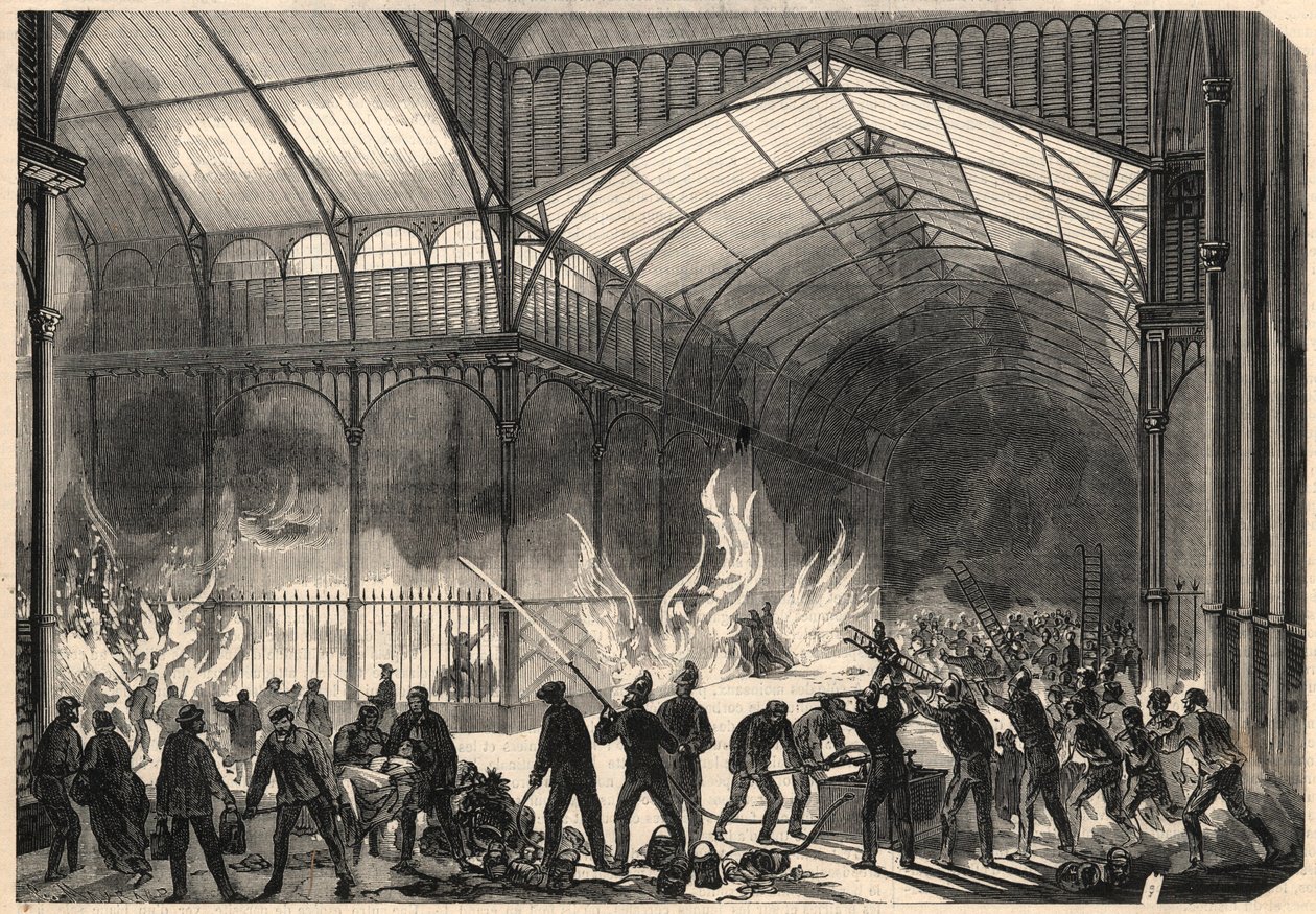 Brandmän försöker stoppa branden i Central Halles i Paris den 10 juli av Unknown artist