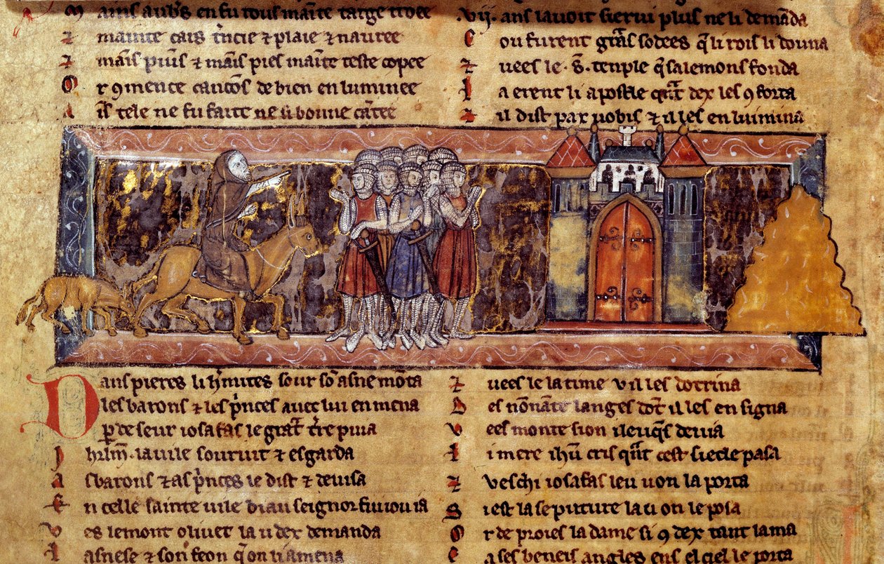 Första korståget (1096-1099): Eremiten Peter (1050 - 1115), fransk religiös ledare för första korståget Harangue les Croises. Manuskript av Riddaren till Svanen av Unknown artist
