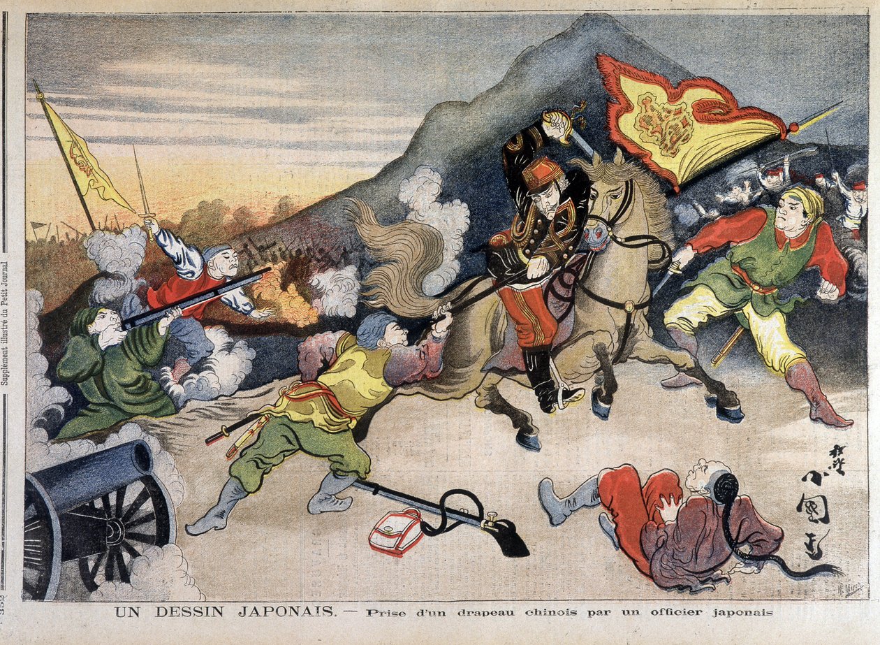 Första kinesisk-japanska kriget - kinesisk-japanska kriget: ta en kinesisk flagga av en japansk officer - i "Le Petit Journal" av 1894-10-29 (gravyr) av Unknown artist