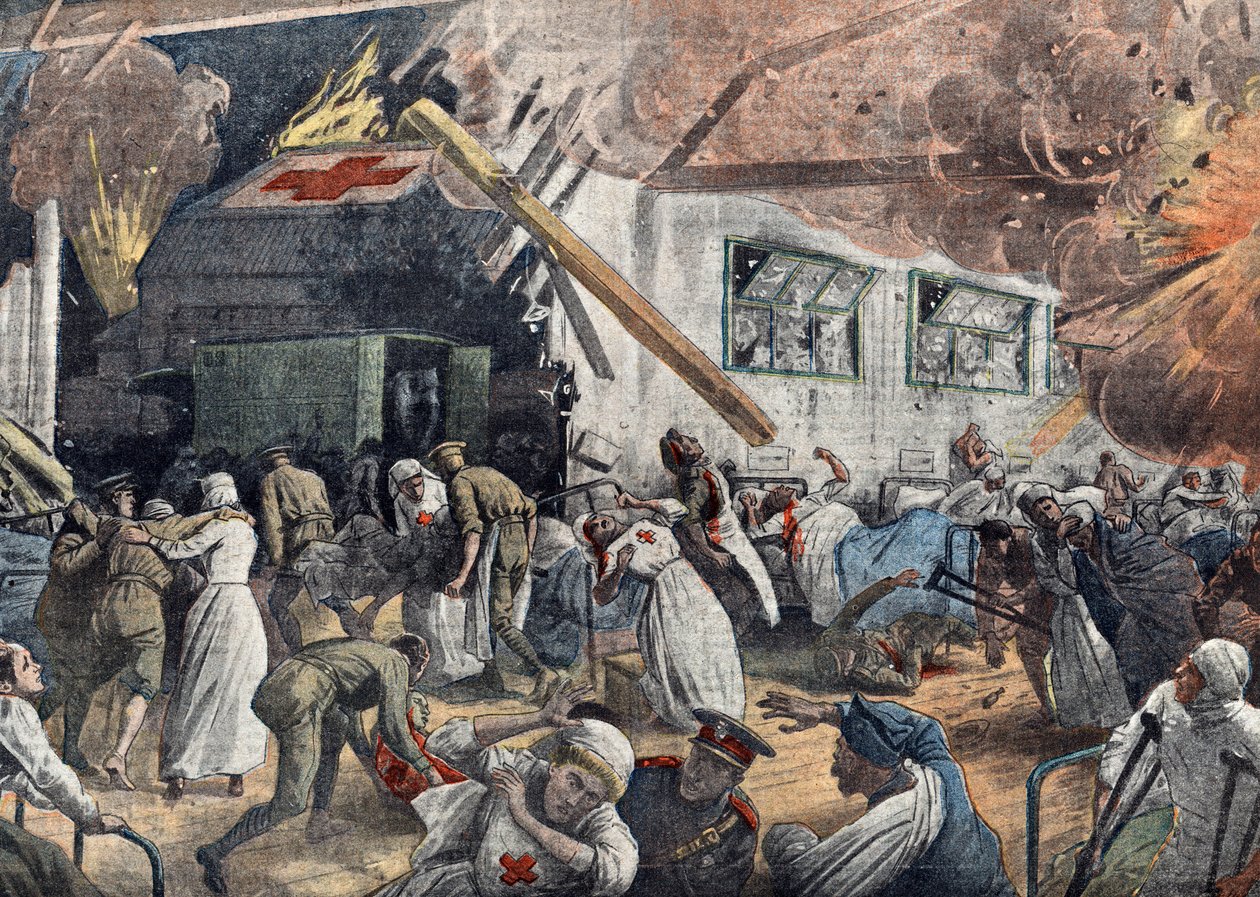 Första världskriget: bombning av ett engelskt sjukhus av tyska skvadroner, juni 1918 Illustration från "Le pelerin" 18/06/1918 Privat samling av Unknown Artist