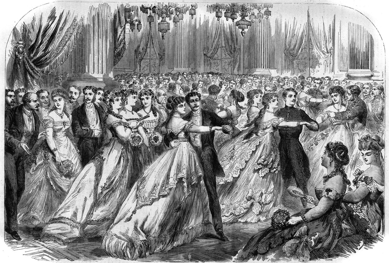 Första balen på Hotel de Ville i Paris den 16 januari 1868. Gravyr i "" The Illustrious Universe"" av Unknown artist