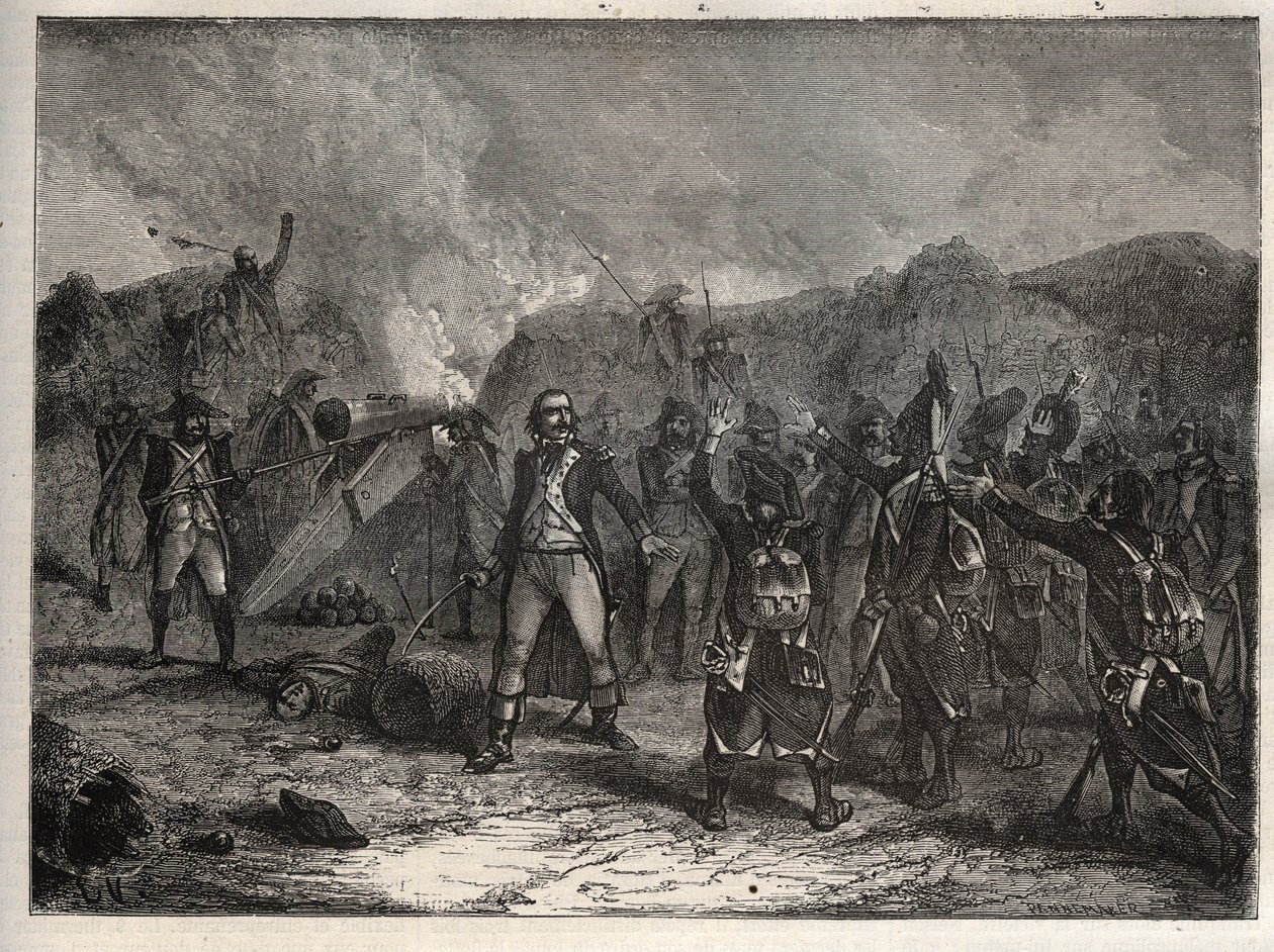 Första koalitionen: Överste Antoine Guillaume (Antoine-Guillaume) Rampon (1759-1842) vid slaget vid Montenotte den 12 april 1796, under den italienska kampanjen mot Napoleon Bonapartes franska trupper mot de österrikiska och sardiska arméerna - franska av Unknown artist