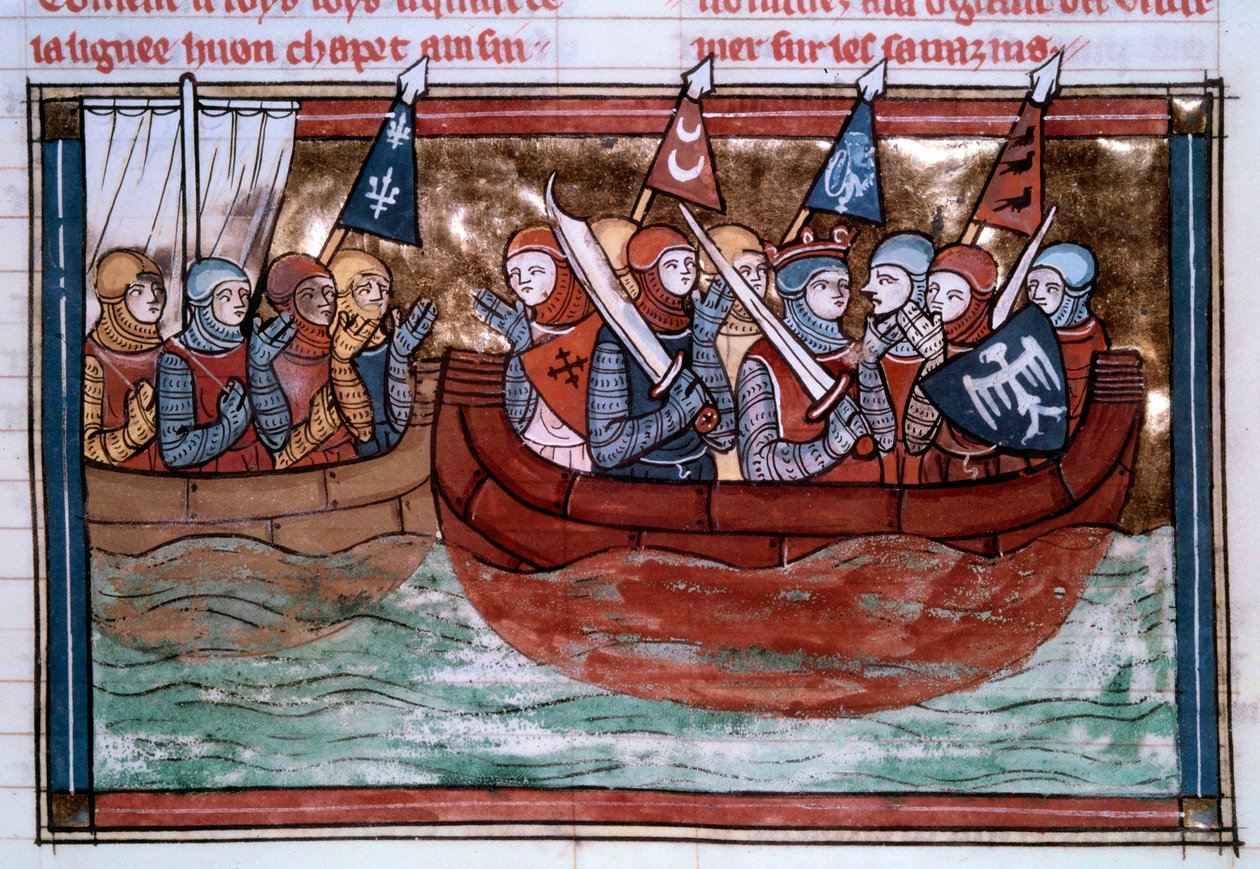 Första korståget: Godefroi de Bouillon (1060-1100) och korsningarna som seglar mot det heliga landet. Miniatyr från "" Roman De Godefroy De Bouillon et de Saladin"" av Unknown artist