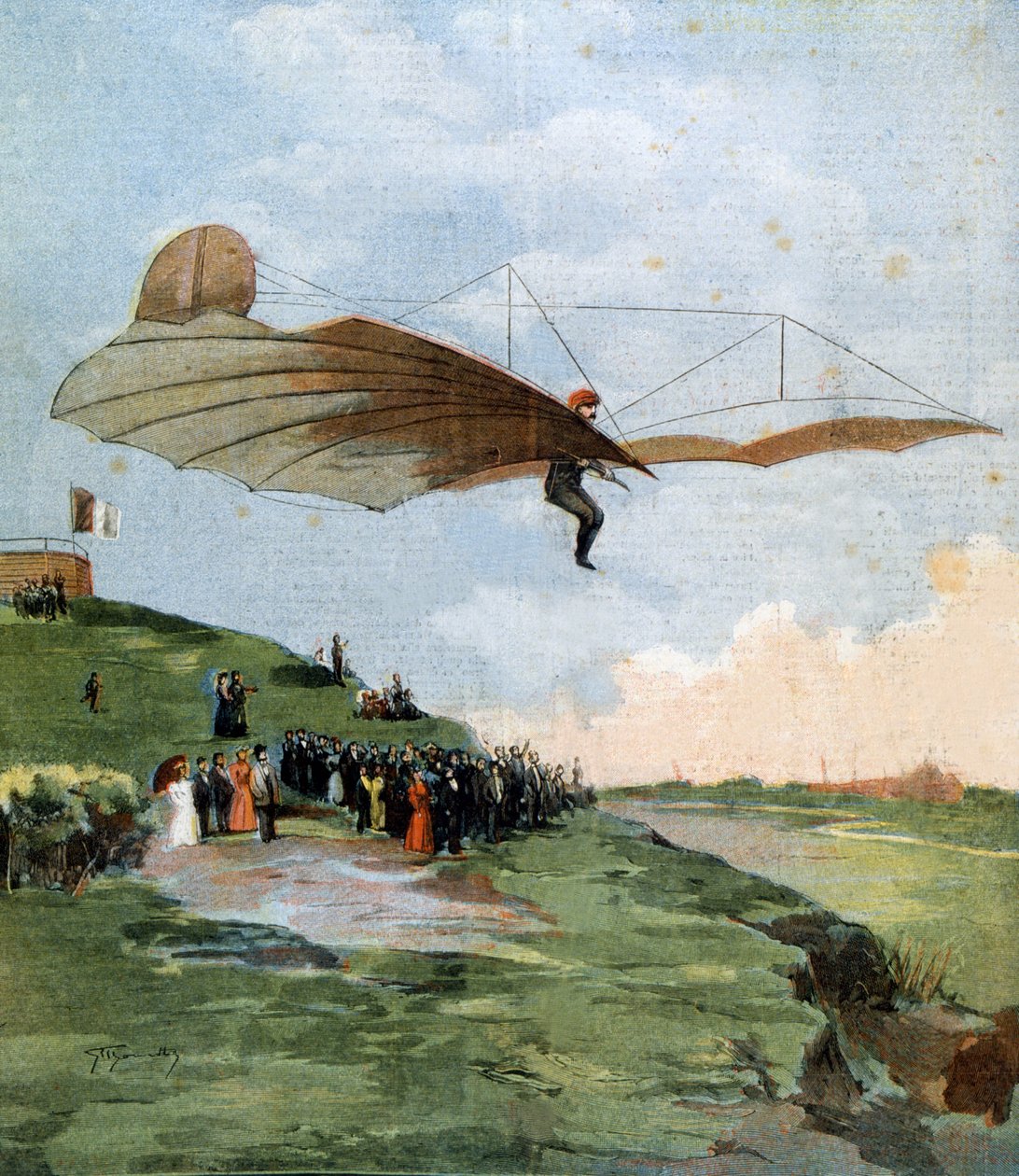 Första glidtestet av Otto Lilienthal (1848-1896), en tysk ingenjör, på hans flygplan 1894 av Unknown artist