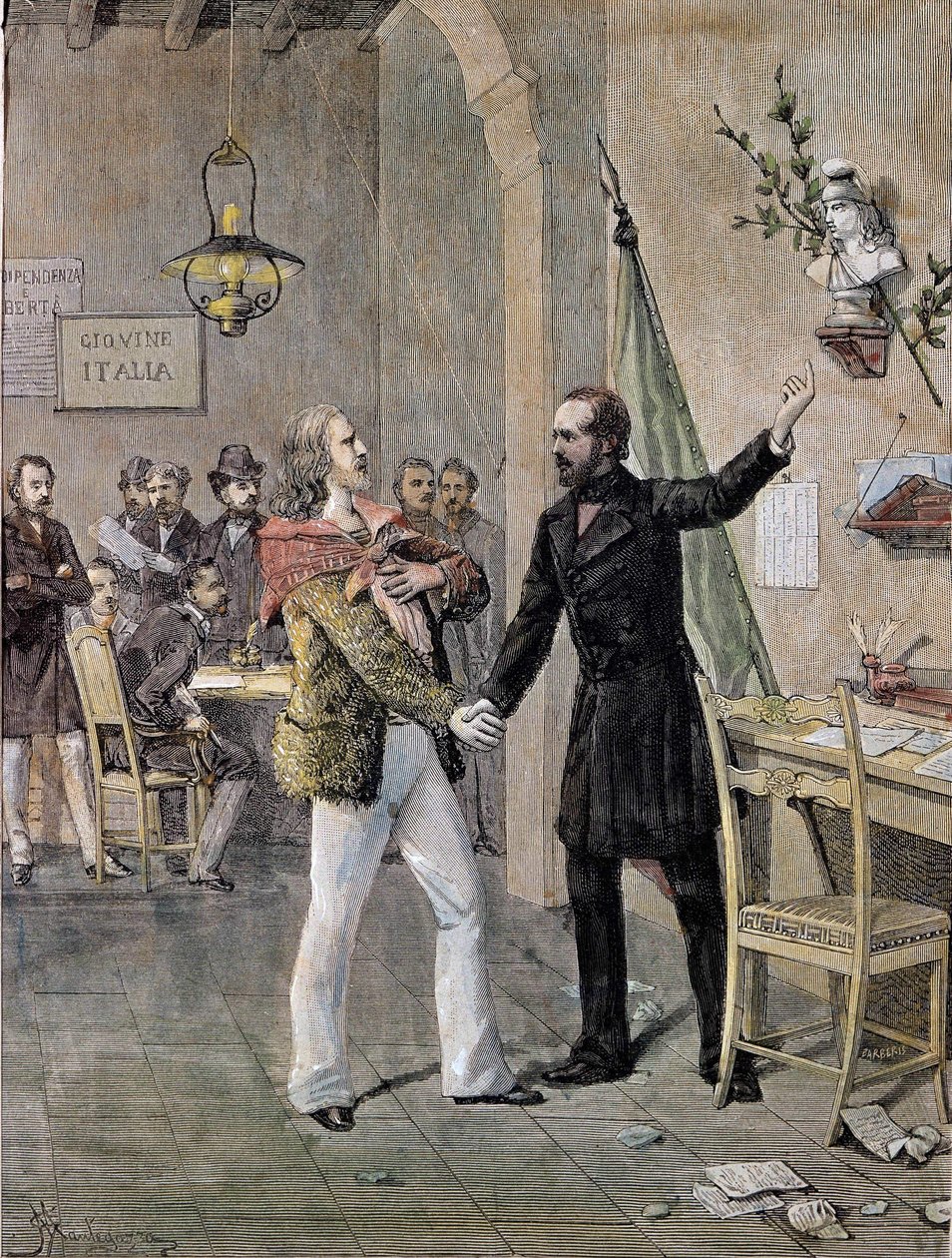 Första mötet mellan Giuseppe Garibaldi och Giuseppe Mazzini i Marseille 1833 (gravyr) av Unknown artist