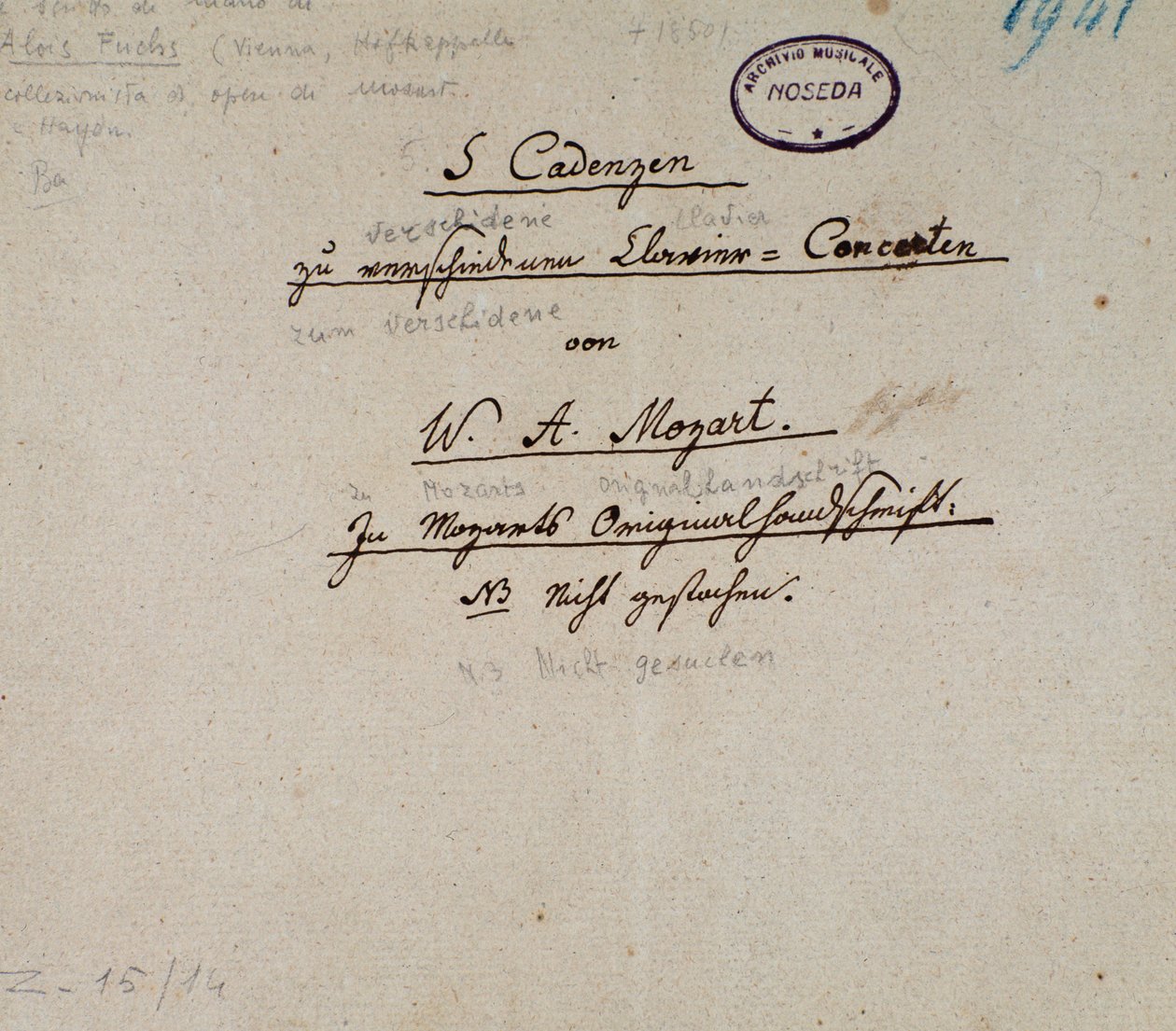 Första sidan av ett manuskript med 5 kadenser för piano av Mozart (manuskript av Unknown artist