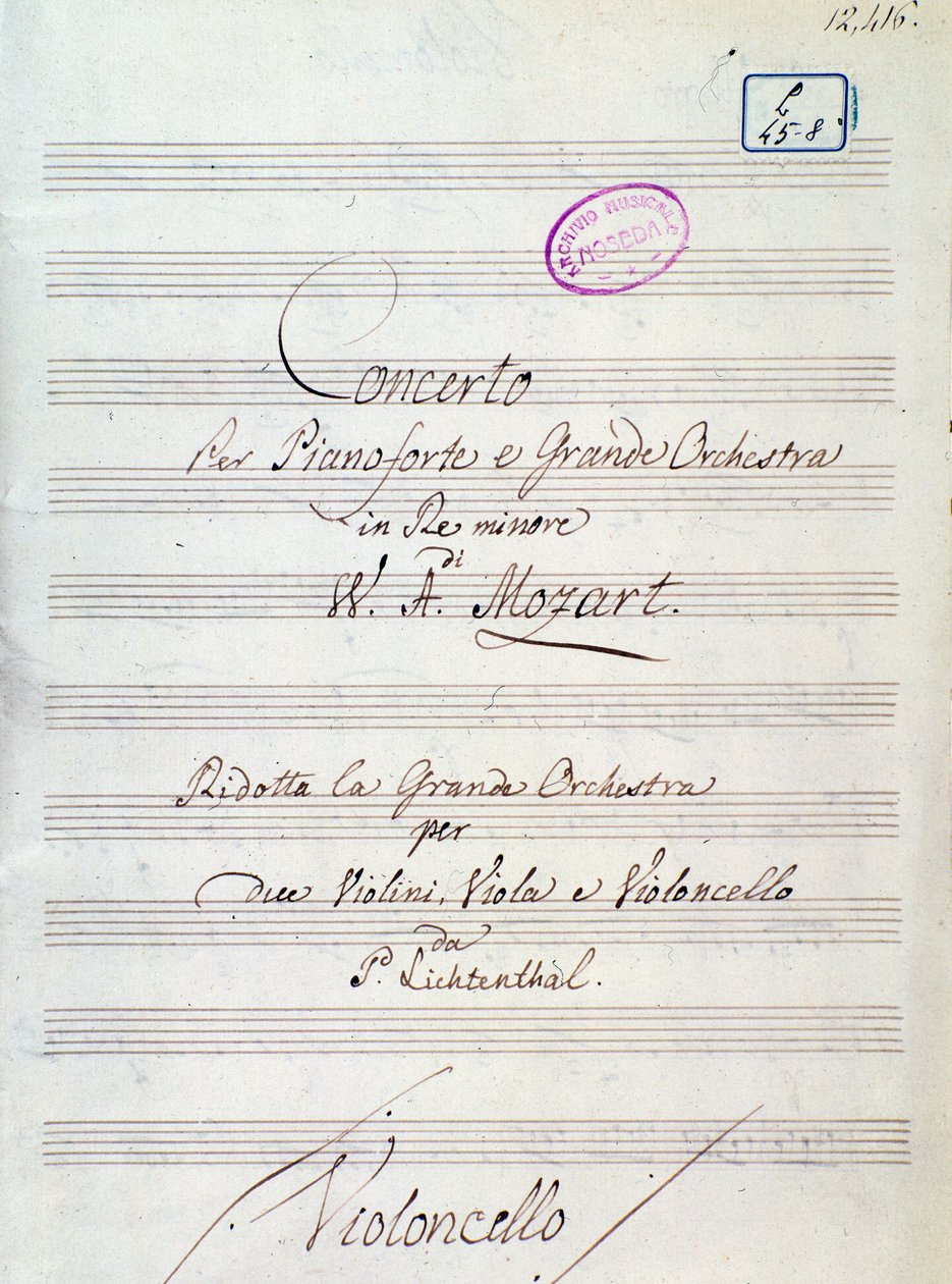 Första sidan med notblad till konsert för piano och stor orkester i d-moll av Mozart, Lichtenthal-version (1800-talet) av Unknown artist