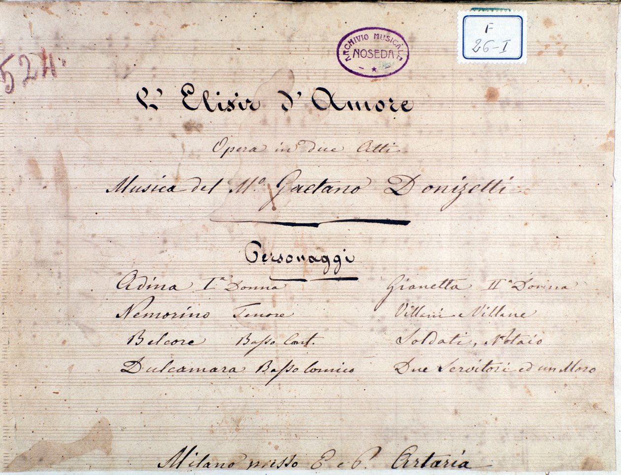 Första sidan med noter till The elixir of love, opera av Gaetano Donizetti av Unknown artist