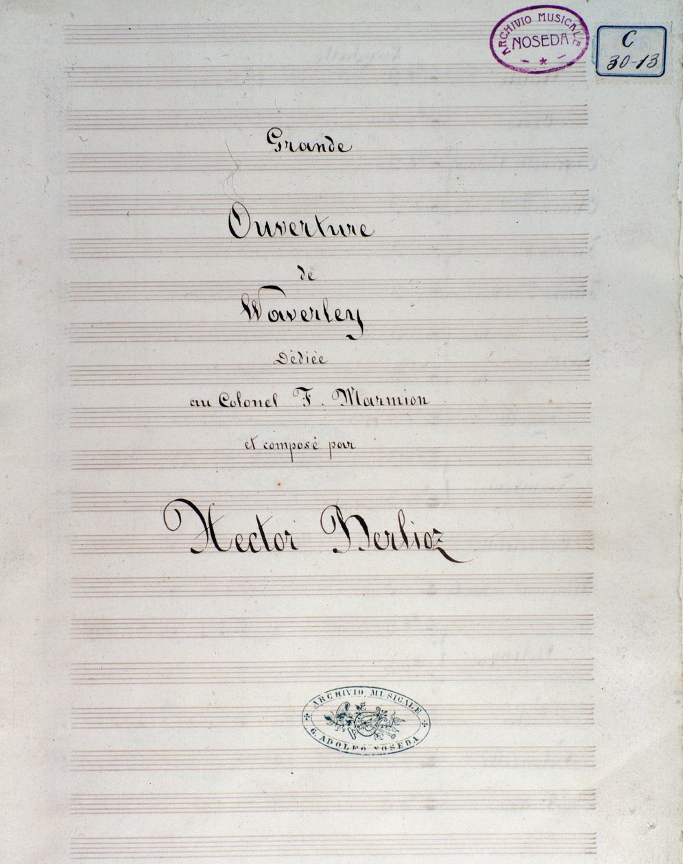 Första sidan av noterna till Waverley opus 1, ouvertyr, av Hector Berlioz av Unknown artist