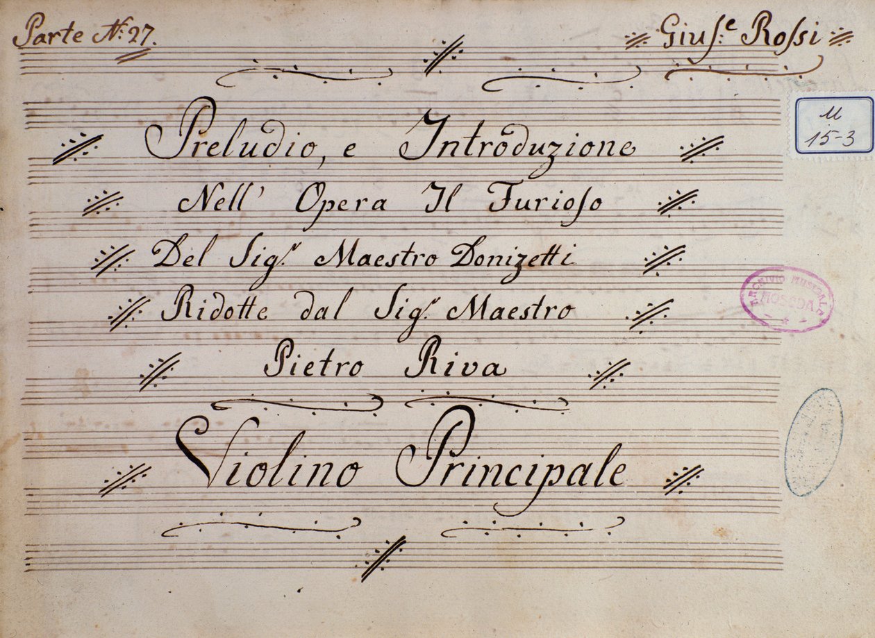 Första sidan av noterna för fiol, The furious on the island of San Domingo av Gaetano Donizetti av Unknown artist