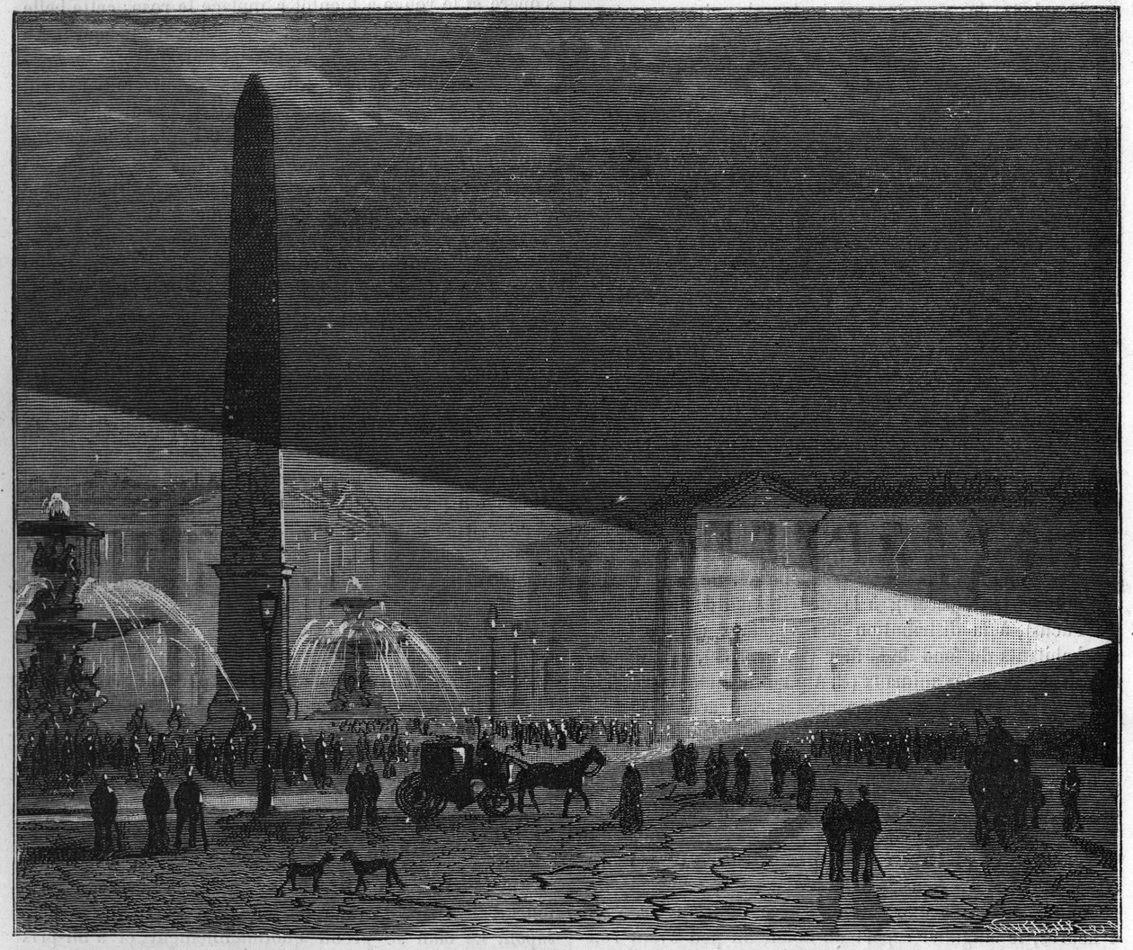 Första offentliga erfarenhet av elektrisk belysning gjord i Paris på Place de la Concorde av Deleuil och Leon Foucault vid mig i december 1844. i "" La Nature. Granskning av vetenskaper och deras tillämpningar för konst och industri.”” av Unknown artist