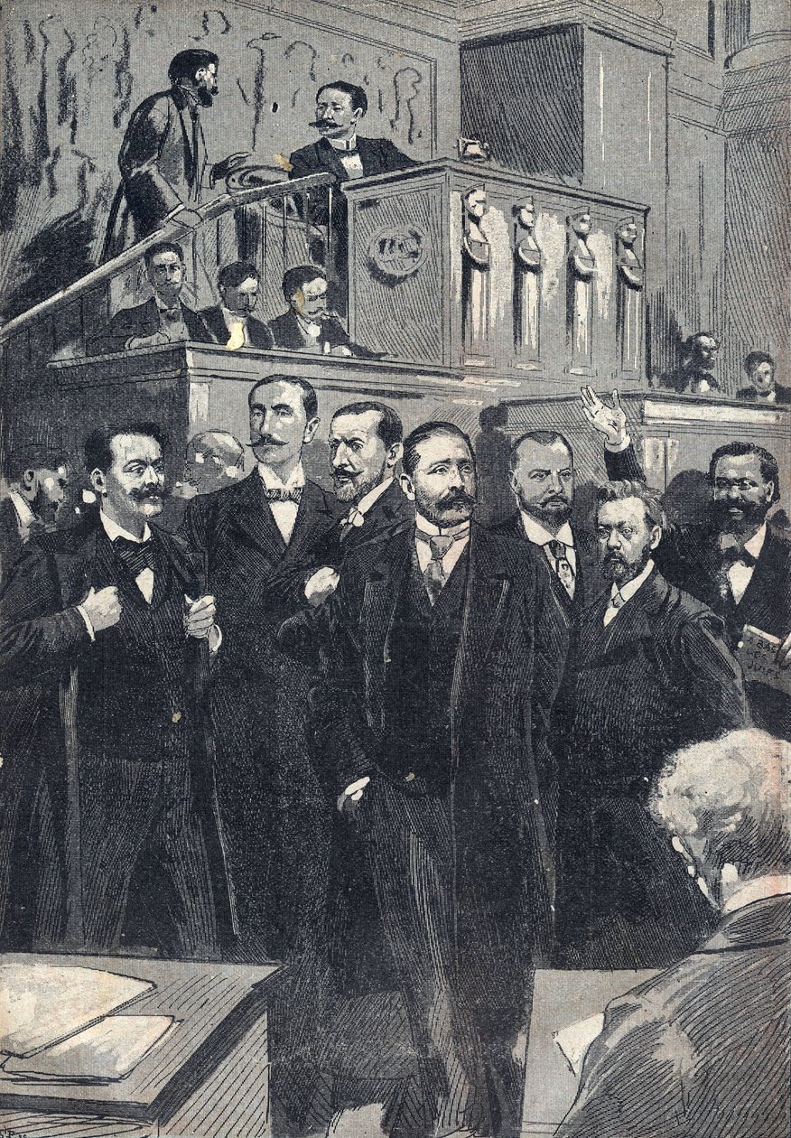 Första sammanträdet i deputeradehuset vald 1898: Paul Deschanel (1855-1922), ordförande för deputeradekammaren. Paul Adolphe Granier de Cassagnac (1842-1904), Lucien Millevoye (1850-1918), Paul Deroulede (1846-1914), Jacques Piou (1838-1932), Eugen av Unknown artist