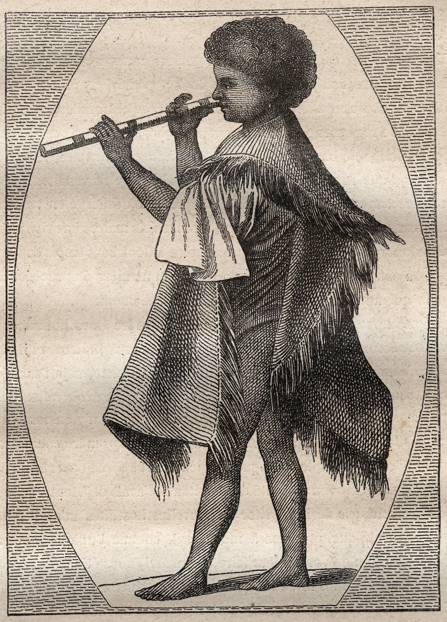 Första resan (1768-1771) av kapten James Cook (1728-1779): Tahitisk flöjtspelare - illustration hämtad från "" The Great Mariners of the 18th century"" av Unknown artist