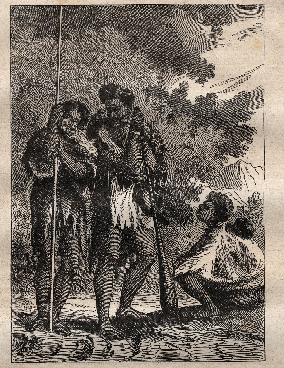Första resan (1768-1771) av kapten James Cook (1728-1779): en Neo-Zelandan familj (Neo Zelandaise) - illustration hämtad från "The Great Mariners of the 18th century"" av Unknown artist