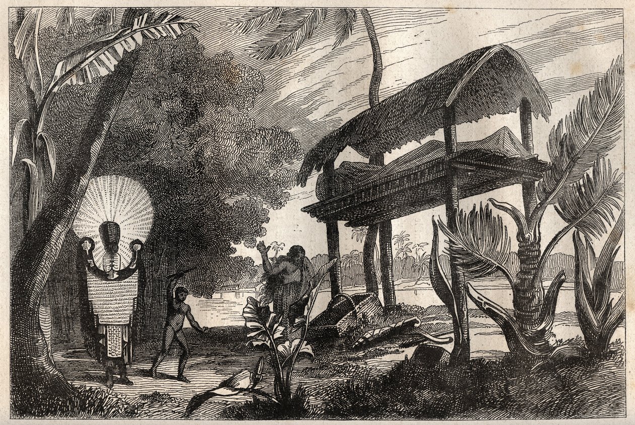 Första resan (1768-1771) av kapten James Cook (1728-1779): en fia-toka (fia toka), gravbyggnad på Tahiti - illustration hämtad från "" The Great Mariners of the 18th century"" av Unknown artist