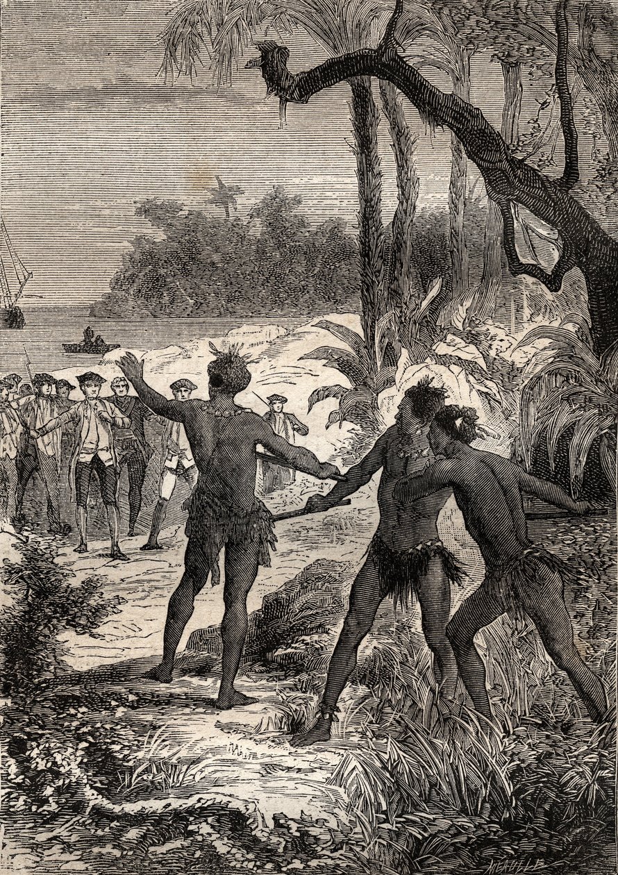 Första resan (1768-1771) av kapten James Cook (1728-1779): medan Cook och tio sjömän seglar på Nya Guinees meridionalkust, reste sig tre indianer upp ur skogen med stora skrik - illustrationen hämtad från "The Great Mariners of 1700-talet"" av Unknown artist