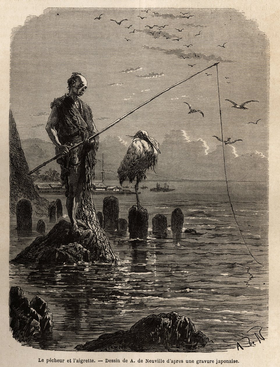 Fiskare från Yedo Bay (eller Edo, dagens Tokyo), gripen av en örn, ett lågt sto, lägger båtarna fiskarna på stenblock som lagts torra i bukten, de senare förblir raka, orörliga och fiskar med hamecon av fisken som de glider i en lång av Unknown artist