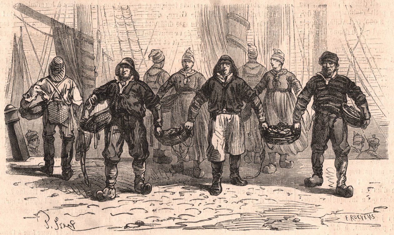 Fiskare med korgar fulla av fisk på kajen i hamnen i Trouville, Frankrike av Unknown