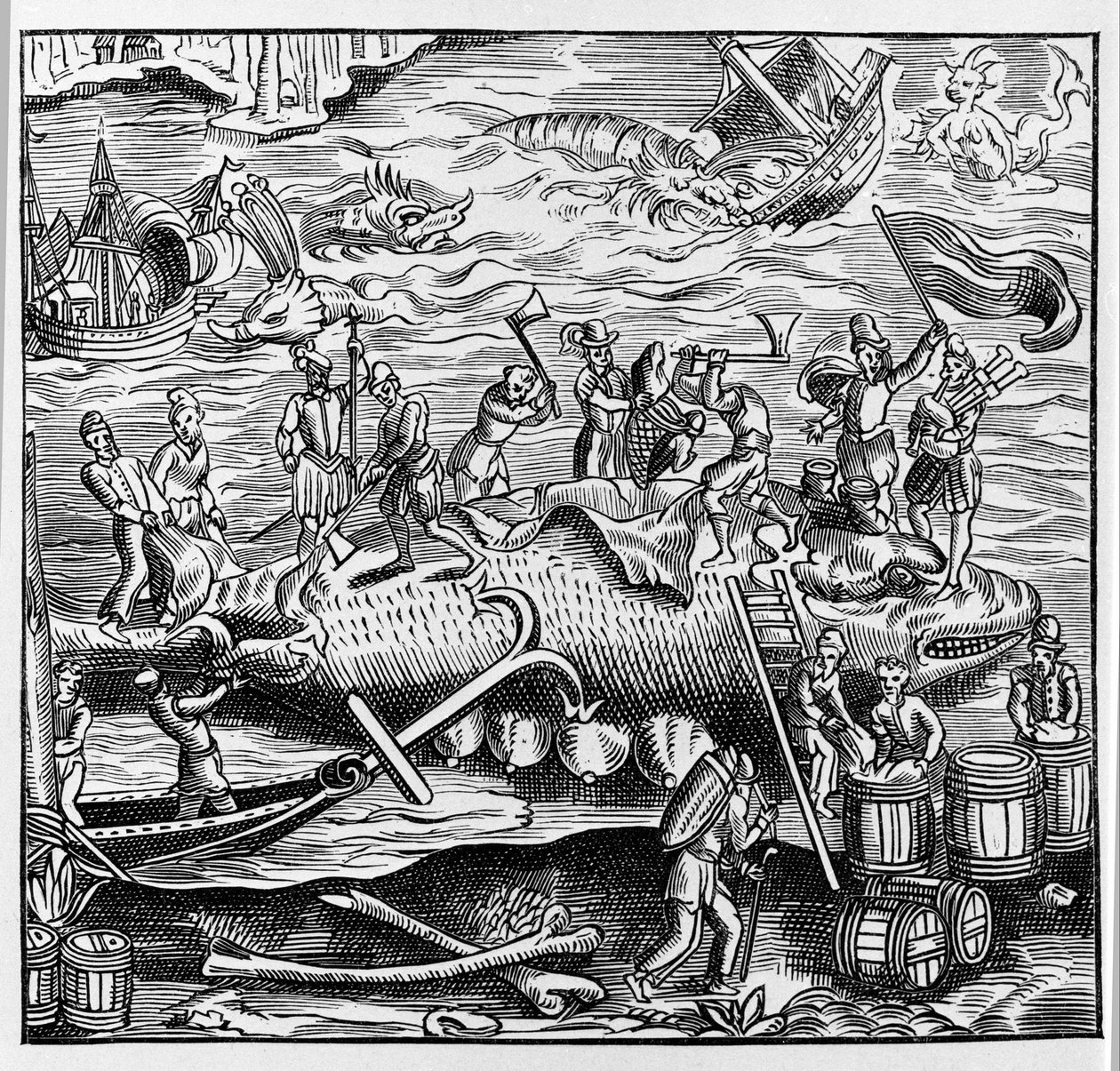 Fiske och valfångst, baserat på en trägravyr från Thevets "Universal Cosmography". Paris 1575 av Unknown artist