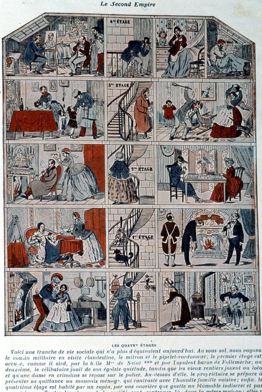 Fem våningar som visar de olika samhällsklasserna under det andra imperiet. Illustration representerad som ett tvärsnitt av en parisisk byggnad. av Unknown artist
