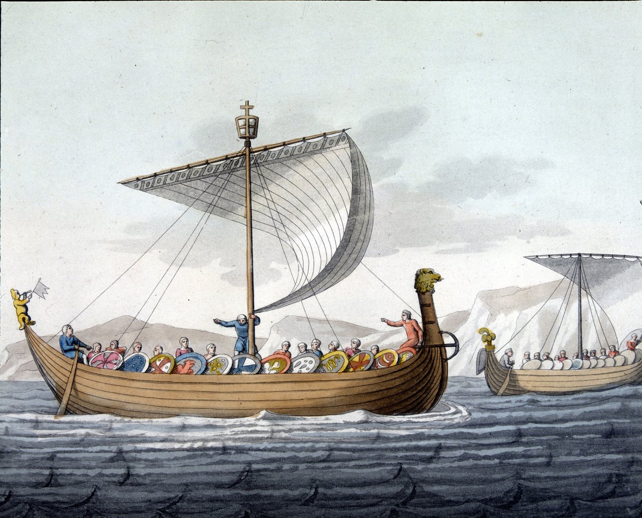 Flotta av Vilhelm I Erövraren (1027 - 1087) på väg mot England - i "Den gamla och moderna kostymen"" av Ferrario, red. Milano av Unknown artist