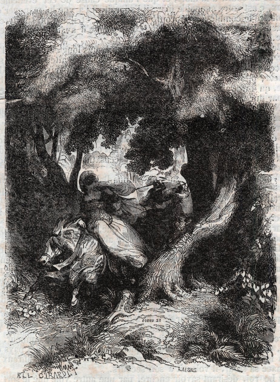 Flight of Angelica (Angelica) under striden - gravyr från 1851 från "" Furious Roland"" (Orlando furioso) (1500-talet) av Ludovico Ariosto, känd som Ariosta - Upplaga översatt från italienska av greven av Tressan och publicerad av Gustave Harva av Unknown artist