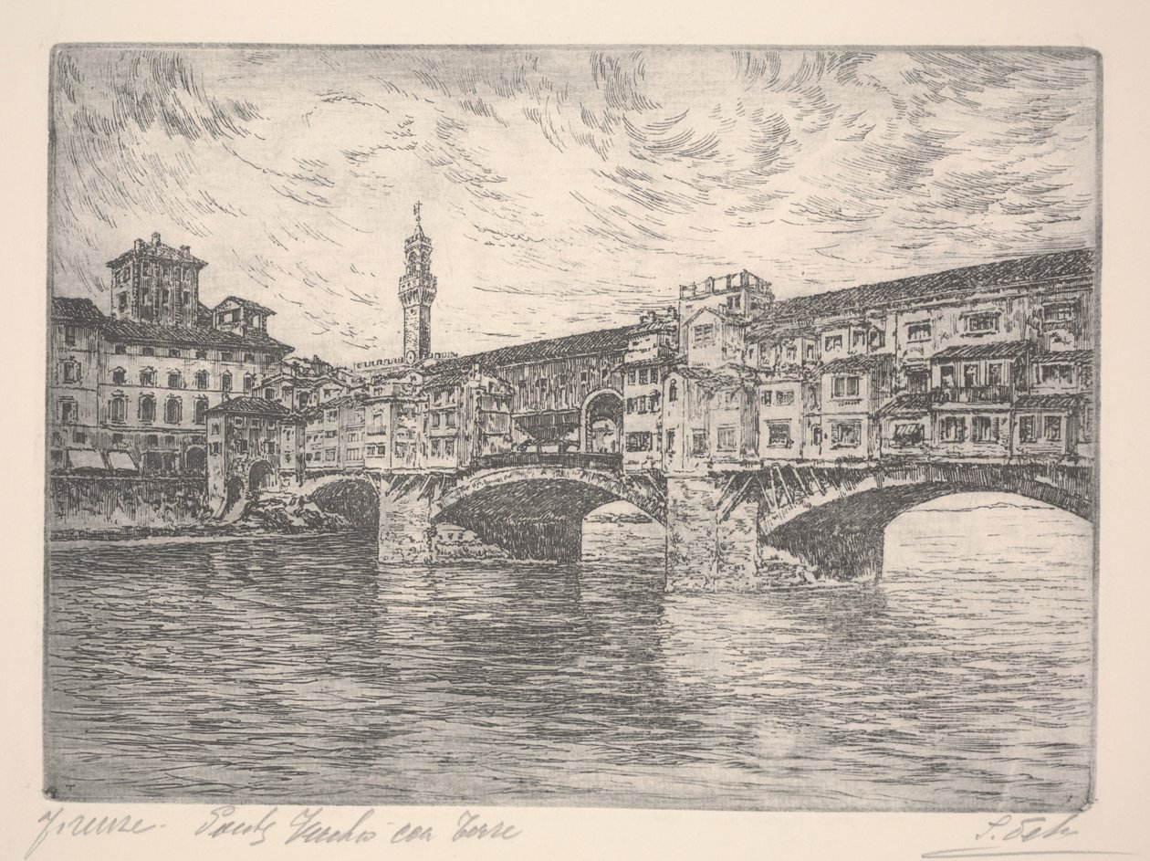 Florens, Ponte Vecchio med torn, troligen sent 1800-tal (etsning) av Unknown artist