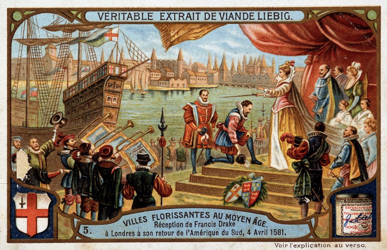 Medeltidens blommande städer: mottagande av Francis Drake (1542-1596) i London (England), när han återvände från Sydamerika, den 4 april av Unknown artist