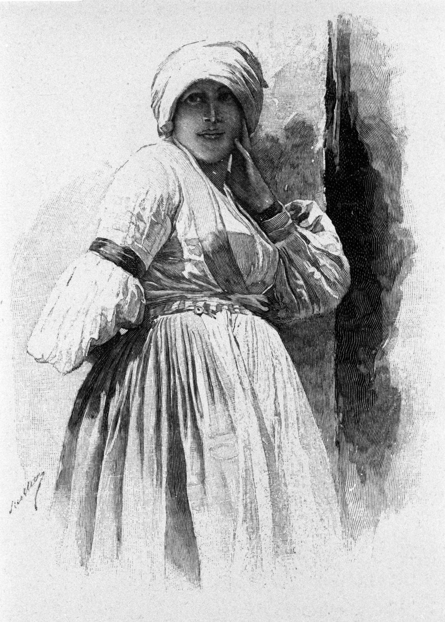 Folklore: kvinna i traditionell dräkt av Piana degli Albanesi. Siciliens gravyr från 1800-talet av Unknown artist